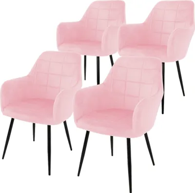 Four pink dining chairs with black legs are arranged on a white background.