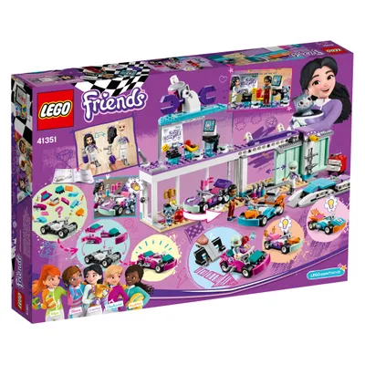 The image shows the packaging of a LEGO Friends Tuning Workshop set, featuring the product name, set number, and illustrations of the set's components and characters.