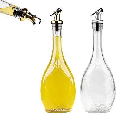 A collage of glass bottles with pour spouts, one filled with yellow liquid and another empty. A close-up of a pour spout is also shown.
