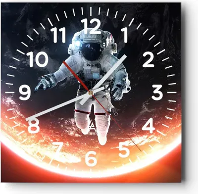 Produktbild von Wanduhr - Quadrat - Glasuhr - Kosmonaut Weltraum - 40x40cm - Schleichendes Uhrwerk - Lautlos - zum Aufhängen bereit - Dekoration Modern - Wanddekoration aus Glas - C4AC40x40-3500