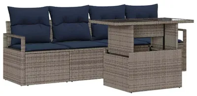 Image de Ensemble de canapés de jardin vidaXL avec rangement et coussins, 5 pièces, gris, en polyrotin