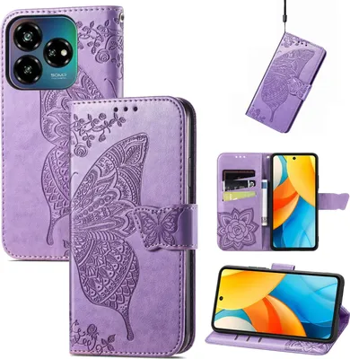 Image de Étui portefeuille en similicuir pour ZTE Blade V60 Vita / Axon 60 Lite, motif papillon, couleur violet clair