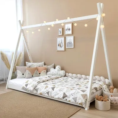 Produktbild von MEBLE WRÓBEL Kinderbett Tipi 90x200 cm in Weiß | Bett aus Kiefernholz | Montessori | Hausbett für Mädchen und Jungen | Abgerundete Kanten