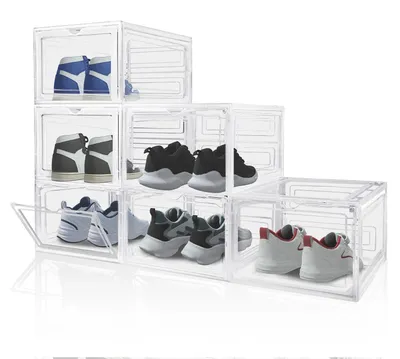 Image de Rangement pour chaussures - Lot de 6 boîtes à chaussures - Transparent - Empilables - Plastique PP rigide - Porte magnétique - env. 34 x 27 x 19 cm