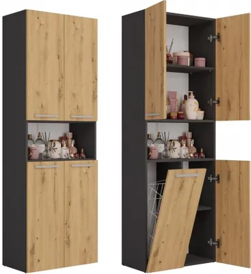 Two views of a bathroom cabinet with wood-effect doors and gray casing, one closed and one open showing shelves and products.