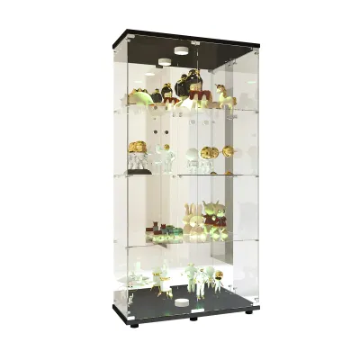 Obrázek produktu pro ProximaX Skleněná vitrína s lampami v černé barvě, 163,9x80,49x36,49 cm Moderní skleněná vitrína se 4 policemi na sběratelské předměty knihy víno