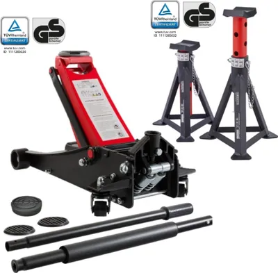 Produktbild von AREBOS 3T Hydraulický manévrovací zvedák plochý 2x stojan na zvedák nosnost 3 tuny 3 podpěry Manévrovací zvedák pro dílnu a hobby Stojan na zvedák KFZ Auto PKW