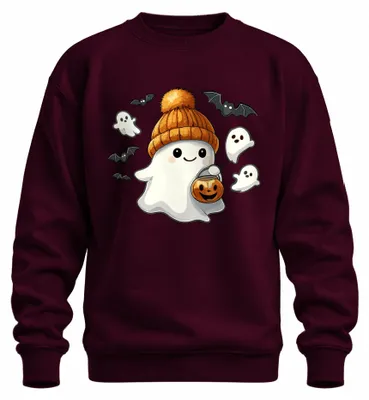 Obrázek produktu pro Roztomilý Halloween duch s kloboukem dýňová lucerna Kawaii roztomilý Uni mikina svetr, vínová, XXL
