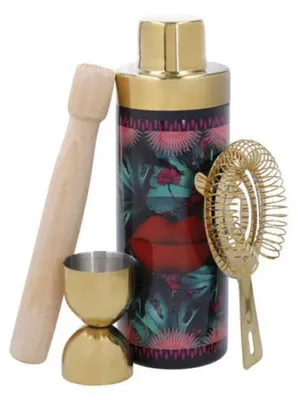 Productafbeelding van Mikasa x Sarah Arnett cocktailshaker set, 4-delig, roestvrij staal. Inclusief shaker van 600 ml, dubbele maatbeker, zeef en stamper. Ideaal voor thuisbarmannen.