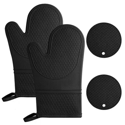 Productafbeelding van Ovenwanten-set, siliconen, 1 paar met 2 pannenlappen, hittebestendig, antislip, zwart