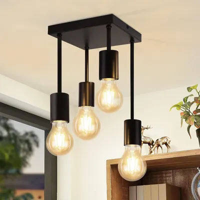 Obrázek produktu pro ZMH stropní lampa 4 plameny vintage černá E27 kuchyňská lampa kovová závěsná průmyslová stropní svítidla do kuchyně předsíně obývacího pokoje baru (bez žárovek)