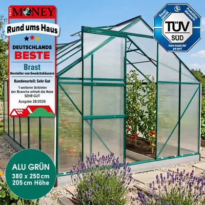Produktbild von BRAST Gewächshaus Aluminium mit Fundament | 380x250x205cm | 6mm Hohlkammerplatten | rostfrei wetterfest temperaturbeständig | Grün