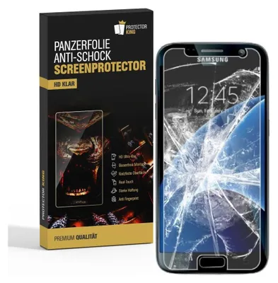A product box for a screen protector is shown next to a cracked smartphone screen.