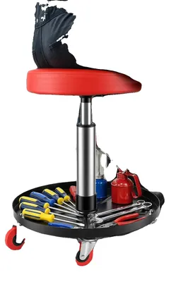 Immagine prodotto di Sgabello per meccanici, regolabile in altezza, con vassoio porta-attrezzi integrato, colore rosso
