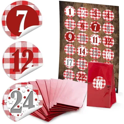 Produktbild von 24 kleine rote Kraftpapier Papiertüten Boden-Beutel mit Pergamin 7 x 4 x 20,5 cm + 1 bis 24 Zahlen Aufkleber STERNE beige schwarz weiß basteln befüllen Advents-Kalender Weihnachten bioZahlensticker Rot, Weiß