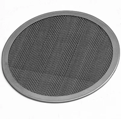 A close-up, studio shot of a round metal heat diffuser with a herringbone pattern.