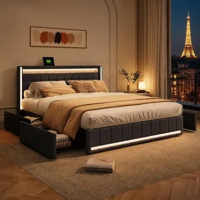 Obrázek produktu pro Postel s čalouněnou konstrukcí 140x200 cm, s úložným prostorem. Dvojlůžko s čelem a 4 zásuvkami. Postel pro mládež s LED osvětlením a USB porty. Rám postele s lamelovým roštem. Lněné povlečení