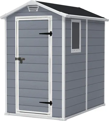 Produktbild von Keter Gartenhaus Manor 4x6, grau, 130 x 192 x 198 cm (Breite x Tiefe x Höhe), 3,8 m³, Polypropylen, wetterfest, UV-beständig, doppelwandig, abschließbar, wartungsfrei, inkl. Bodenplatte, Belüftungssystem, Metallverstärkungen, 1 Tür, 2 Fenster, einfache Montage, 10 Jahre Garantie, 150 kg/m² Traglast, für Garten-, Werkstattwerkzeuge & Sportgeräte