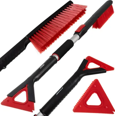 A set of car cleaning tools, including a snow brush and ice scraper, arranged on a white background.