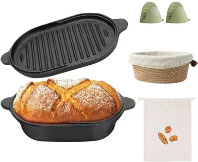 Produktbild von Gusseiserner Brotbackofen, 29 cm, mit Gärkorb, Brotteigbeutel und Deckel – 4,9 l, ovale Bräter für das perfekte Brotbacken in der Küche