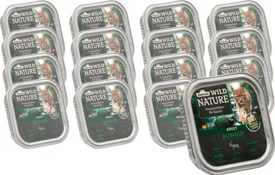 Produktbild von Dehner Wild Nature Katzenfutter Auwald, Nassfutter getreidefrei, für ausgewachsene Katzen, Hirsch / Truthahn, 16 x 100 g Schale (1.6 kg)