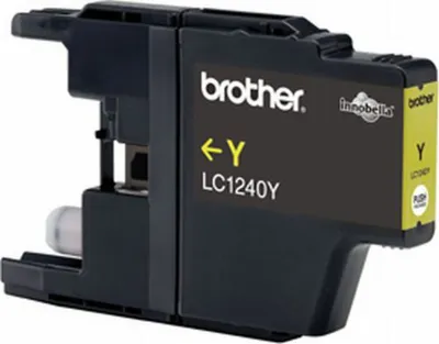 A close-up studio shot of a Brother LC1240Y yellow ink cartridge.
