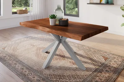 Produktbild von Esstisch 120 x 80 cm Akazie massiv nussbaum Baumkantentisch Spider-Gestell silber ATLAS