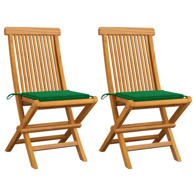 Image de vidaXL Chaises de jardin avec coussins verts 2 pcs. Bois massif teck