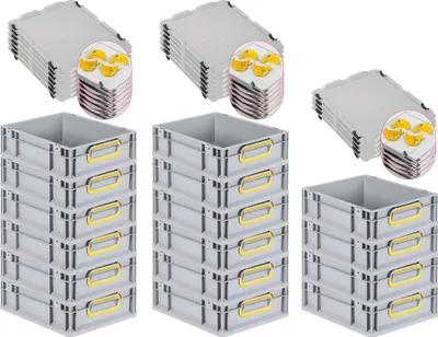 Produktbild von SuperSparSet 16x Eurobox NextGen Color mit Auflagedeckel und Schiebeschnappverschlüsse | HxBxT 12x30x40cm | 11 Liter | Grau | Griffe gelb geschlossen | Glatter Boden | Eurobehälter, Transportbox, Transportbehälter, Stapelbehälter