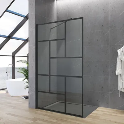 A modern bathroom with a walk-in shower enclosure, bathtub, and large windows.