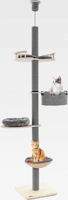 Produktbild von Kratzbaum deckenspanner, 236-271 cm, 5 Etagen bis zur Decke reichender Katzenturm, Katzenkratzbaum mit Hängematte & Korb & Bett, Katzen Katzenmöbel Holz (Grau)