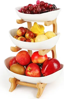Produktbild von Obstschale Obstkorb Etagere 3 Etagen,Fruchtkuchen Stehen,BPA-freie,mit Holzständer,Keramikteller für Obst,Snacks,Gemüse,Süßigkeiten, Küchendekoration