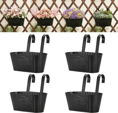 Produktbild von Yimomoyi, 4 hängende Blumentöpfe für Balkon, Geländer, Zaun und Garten aus Metall mit abnehmbarem Haken, Schwarz