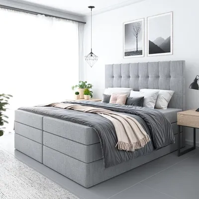 Produktbild von Bett, Boxspringbett FARO PLUS mit 2-Matrazen und Topper Visco, Doppelbett, Schlafzimmer, Polsterbett, 200x200 cm(Hellgrau - AURA 15)