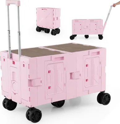 Immagine prodotto di Carrello pieghevole - Carrello da giardino/trasporto - Piano tavolo - 2 contenitori - Maniglia regolabile - Portabevande - 150 l - Plastica - Rosa