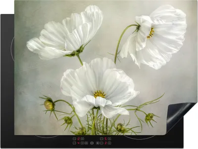 Produktbild von KitchenYeah© Herdabdeckplatte Blumen - Stillleben - Mohn - Weiß - Botanisch , 70x52cm, Küche Deko, Glaskeramikkochfeld Herdabdeckung, Abdeckplatte fùr Kochfeld
