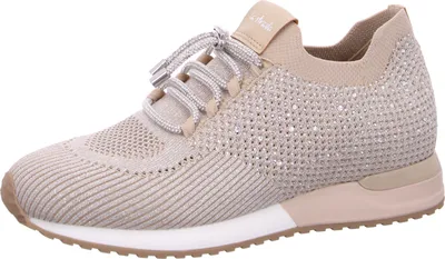 A single beige sneaker is shown from the side against a white background.