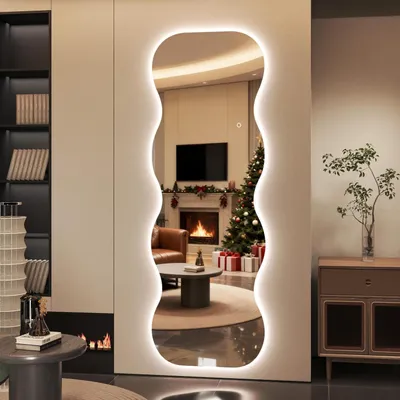 Produktbild von Ganzkörperspiegel mit Lichtern 180 x 60 cm, Wellförmiger LED Wandspiegel, 3 Lichtfarben Dimmbar