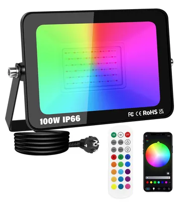 Imagen del producto de Faro LED RGB de 100W para exteriores, con control mediante aplicación y mando a distancia, regulable en intensidad