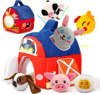 Productafbeelding van Montessori Boerderij Baby Speelgoed 6-12 Maanden - Stoffen Boerderijhuis met 6 Zachte Dier - Rammelaars & Spiegel