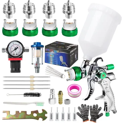 Productafbeelding van HVLP-verfpistoolset, spuitpistool voor perslucht met drukregelaar, 4 sproeiers 1,4 mm, 1,7 mm, 2,0 mm, 2,5 mm