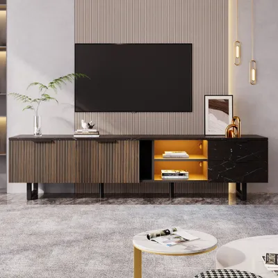 Produktbild von UnboxG TV-Schrank hochglanz Lowboard mit Ablage und LED-Beleuchtung, Schubladen, Holz TV-Lowboard Stehend Fernsehtisch,200 x 38 x 50 cm, Schwarz