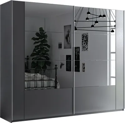 Produktbild von Furniture24 Kleiderschrank Santiago 250 Schlafzimmer 2 Türiger Schwebetürenschrank Schrank mit Schiebetür 3 Kleiderstangen 5 Einlegeboden und 2 Schubladen Graphite mit Spiegel