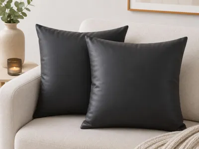 Zdjęcie produktu dla zestaw 2 poduszek 45x45 cm, poduszka dekoracyjna z wypełnieniem, poduszka dekoracyjna z poszewką, do sypialni i salonu w czarnej ekoskórze