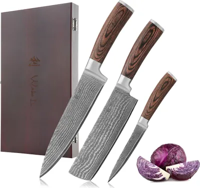 Produktbild von 3er Damastmesser Set – Chefmesser, Nakirimesser & Allzweckmesser | 67 Lagen Damaststahl mit VG10 Kern | Scharfe Küchenmesser mit Pakkaholzgriff in Holzbox | Präzise Profi-Kochmesser