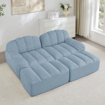 Image de Canapé modulaire 2 places avec 2 poufs, canapé sans armature en mousse haute densité 32D, pour salon et appartement, conception antidérapante, tissu doux, bleu