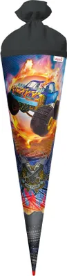Produktbild von ROTH Schultüte groß Monstertruck Fire 70 cm rund Rot(h)-Spitze Filzverschluss Zuckertüte Schulanfang