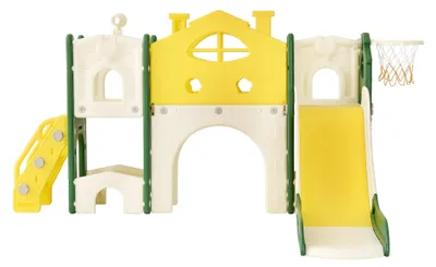 Image de Toboggan pour l'extérieur - Ensemble de jeu 7-en-1 - Structure d'escalade - Panier de basket - Tunnel - Espace de rangement - Plastique - Jaune