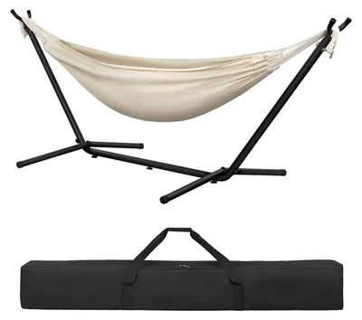 Productafbeelding van Hangmat met frame, geschikt voor binnen en buiten, geschikt voor 2 personen, belastbaar tot 250 kg, met draagtas, beige, 280 x 106 x 100 cm