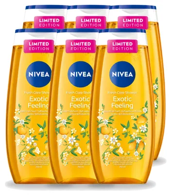 Immagine prodotto di 6 flaconi di gel doccia Nivea, linea "Exotic Feeling", da 250 ml ciascuno. Confezione  da 6 pezzi